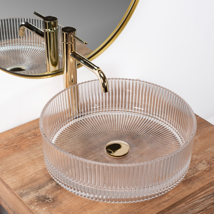 Lavoar cu montare pe blat 39 cm, transparent cu exterior canelat si finisaj lucios, rotund, Rea Ingrid [3]