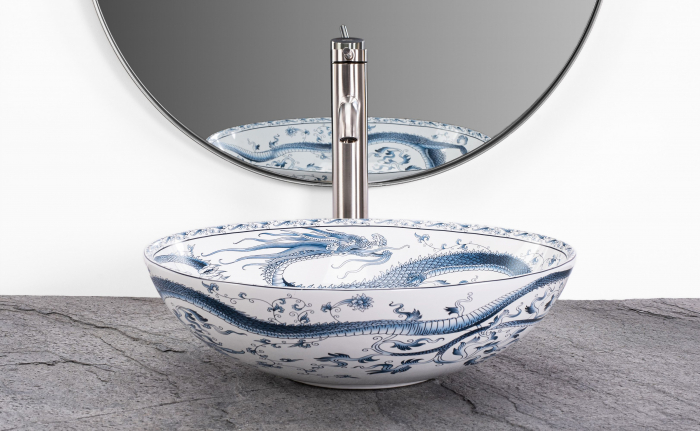 Lavoar rotund Rea Kioto,  model artistic dragon, Alb/Albastru , 40 x 40 cm [5]