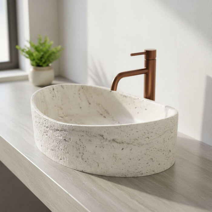 Lavoar baie oval, piatră compozită Artificial Stone, alb bej imitație piatră, 49 x 37 cm [6]