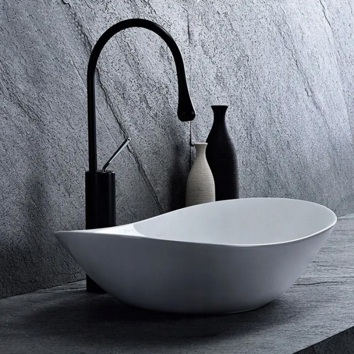 Lavoar baie pe blat Rea Royal 60, design oval, ceramica alba, lucios [2]