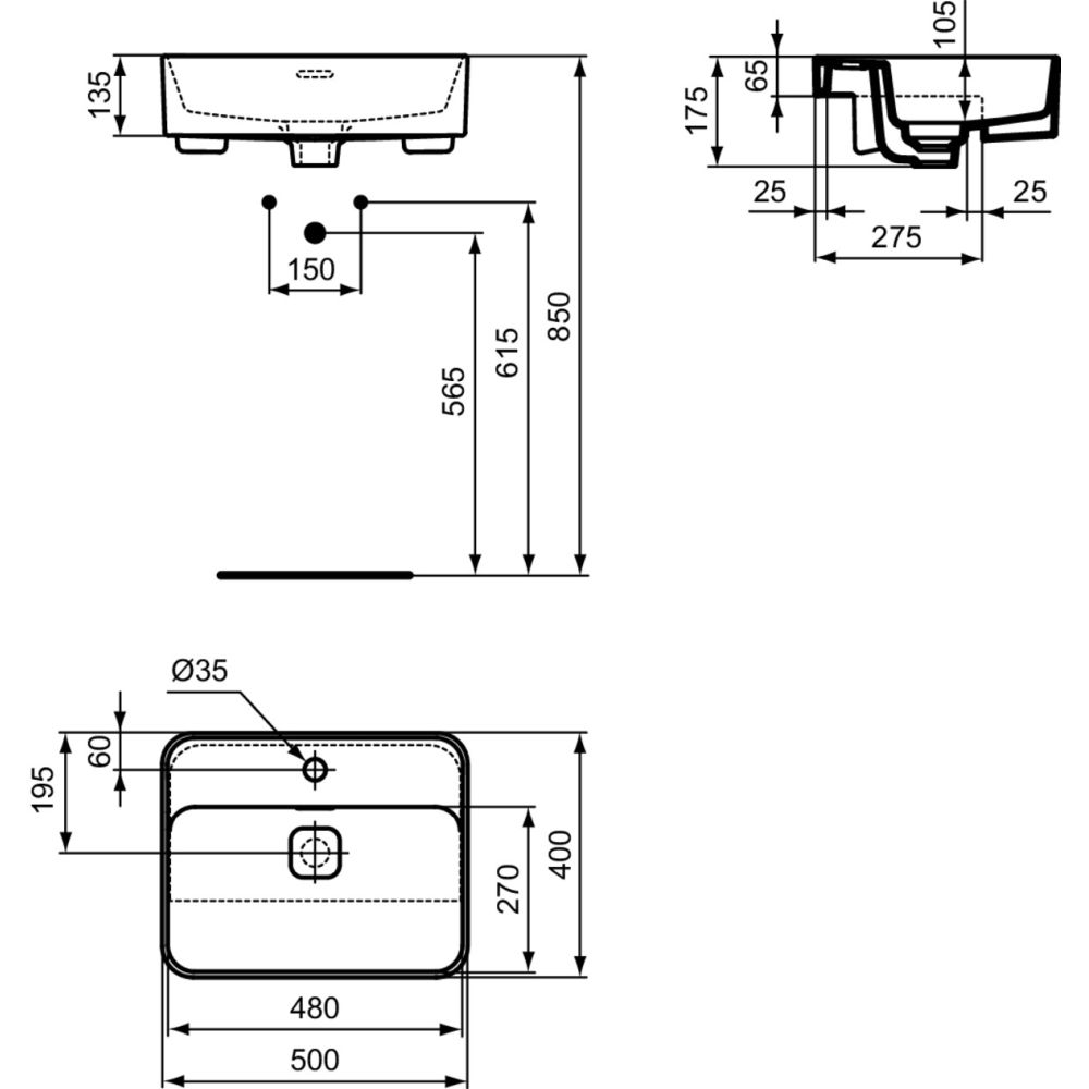 Lavoar semi-incastrat alb 50 cm, dreptunghiular, cu orificiu baterie, Ideal Standard Strada II [5]
