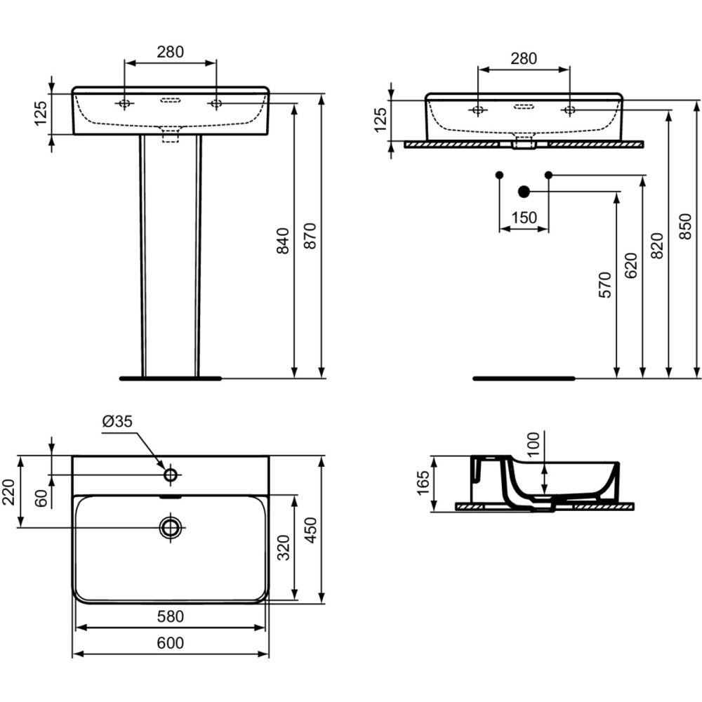 Lavoar suspendat alb 60 cm, dreptunghiular, cu preaplin, Ideal Standard Conca [5]