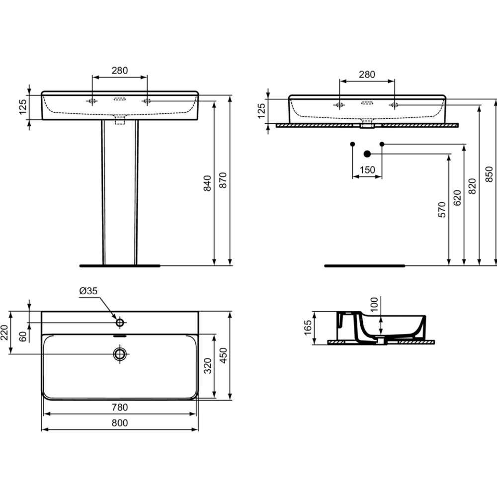 Lavoar suspendat alb 80 cm, dreptunghiular, cu preaplin, Ideal Standard Conca [9]