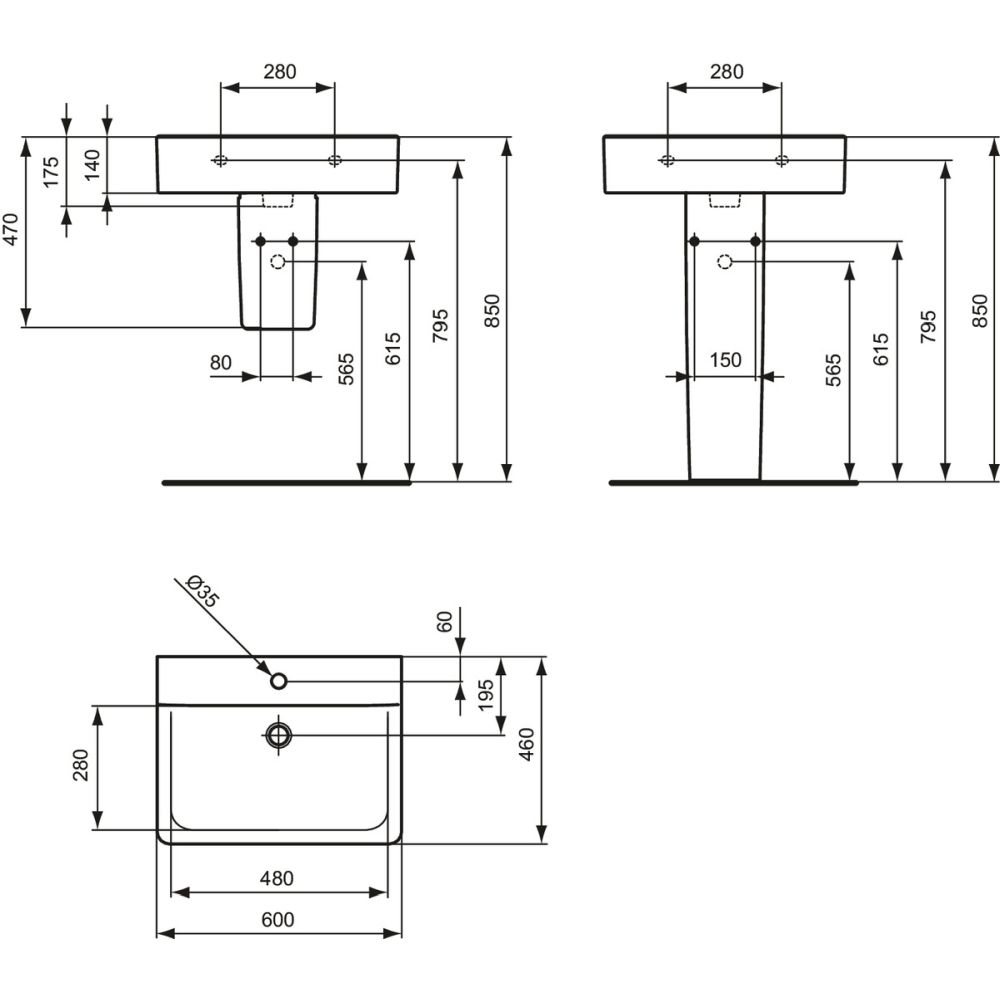 Lavoar suspendat alb 60 cm, dreptunghiular, orificiu baterie, Ideal Standard Connect Cube [5]