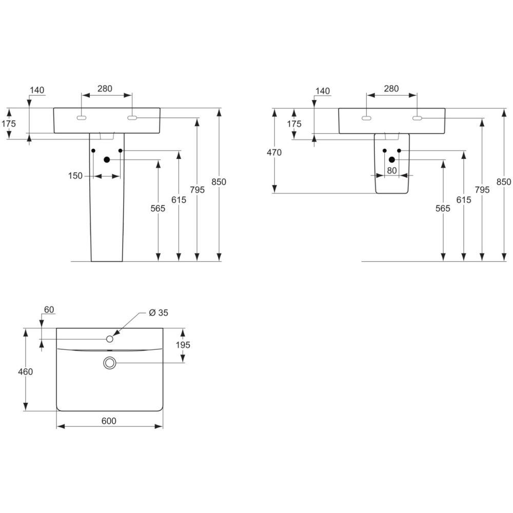 Lavoar suspendat alb 60 cm, dreptunghiular, orificiu baterie si preaplin, Ideal Standard Connect Cube [5]