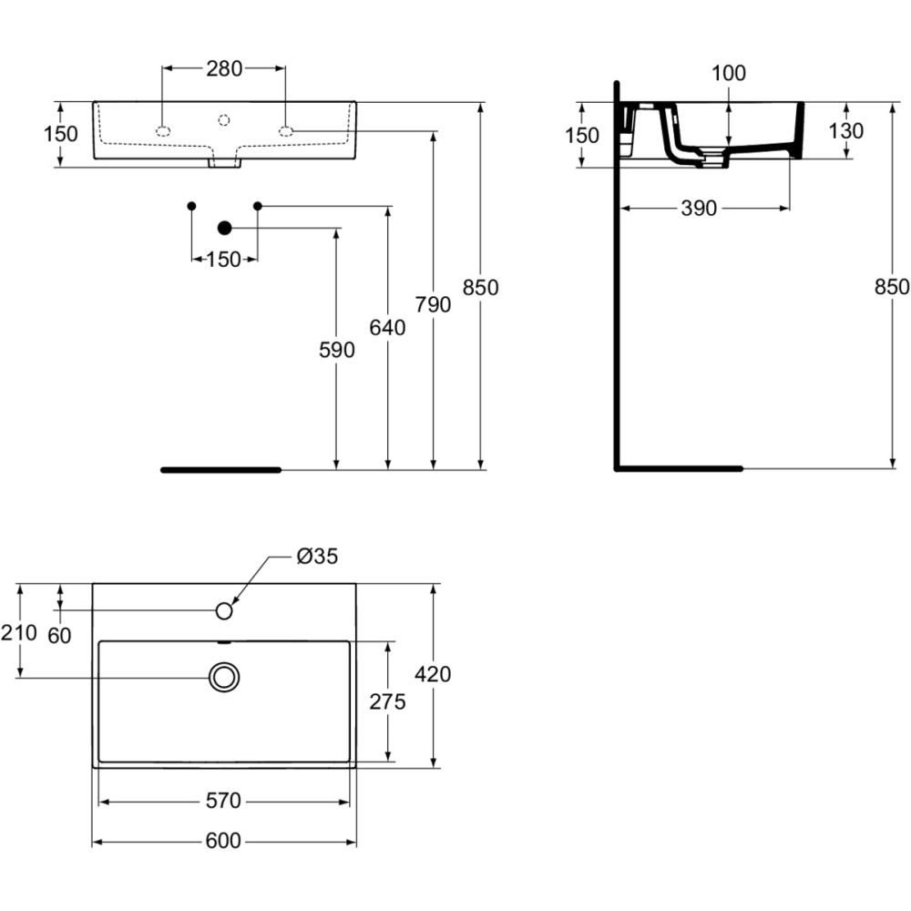 Lavoar suspendat alb 60 cm, dreptunghiular, orificiu baterie si preaplin, Ideal Standard Strada [6]