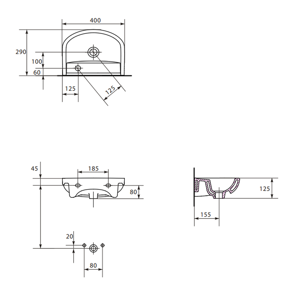 Lavoar suspendat alb 40 cm, asimetric, orificiu baterie stanga, Cersanit Arteco [3]