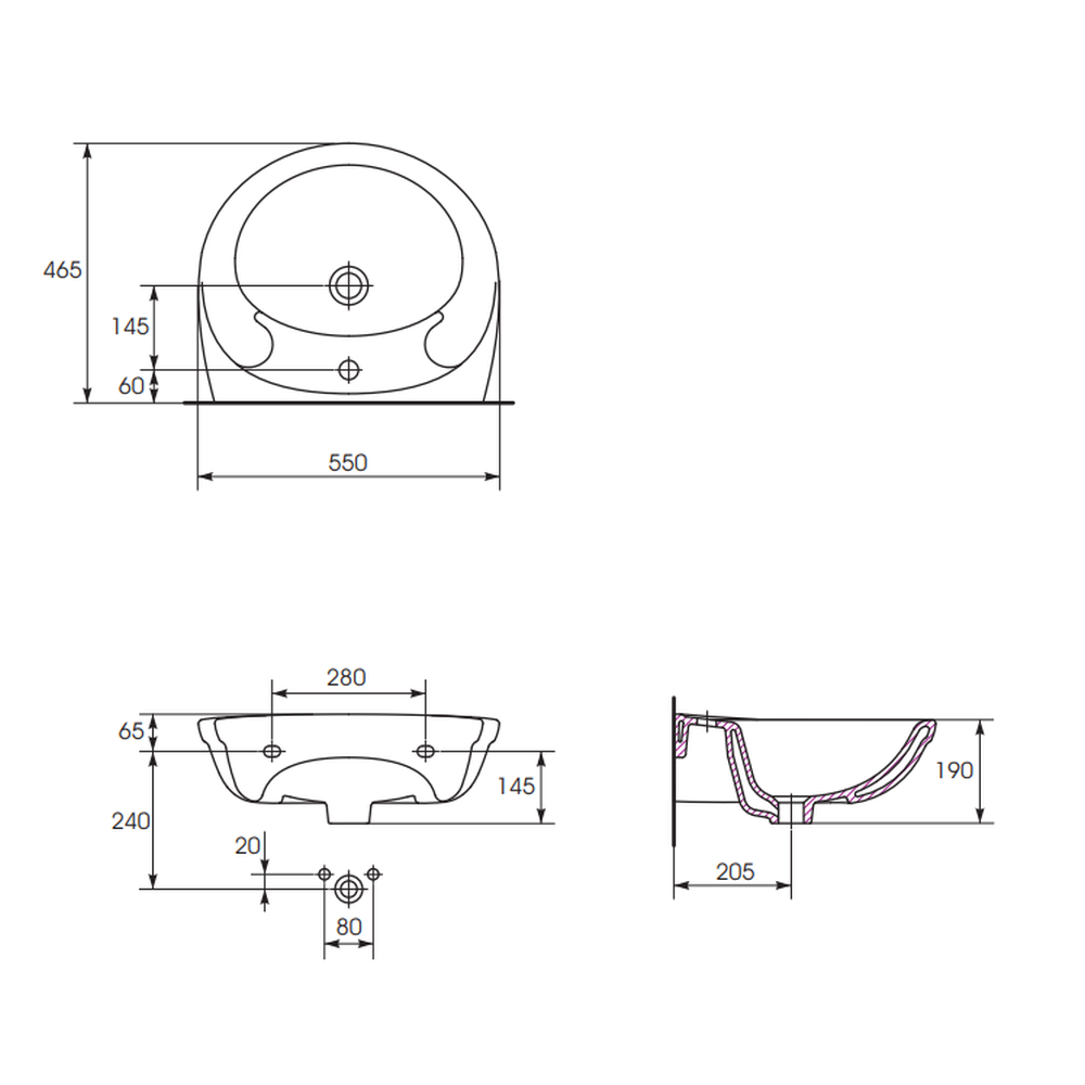 Lavoar suspendat alb 55 cm, asimetric, Cersanit Roma New [3]