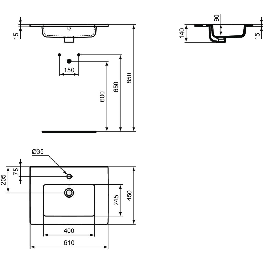 Lavoar incastrat alb 61 cm, dreptunghiular, Ideal Standard Tempo [2]