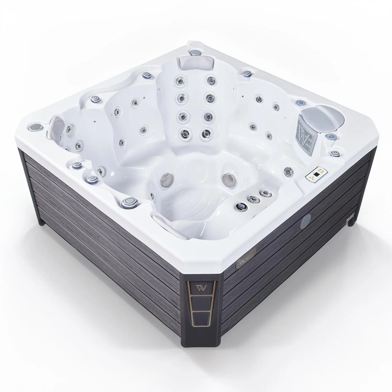 Minipiscina jacuzzi 6 persoane, alb-lucios, 50 jeturi hidromasaj, scara inteligenta cu suport pentru pompa de caldura, 200 × 200 cm, WiFi, sistem audio, Wellis Prague CityLife Premium [5]
