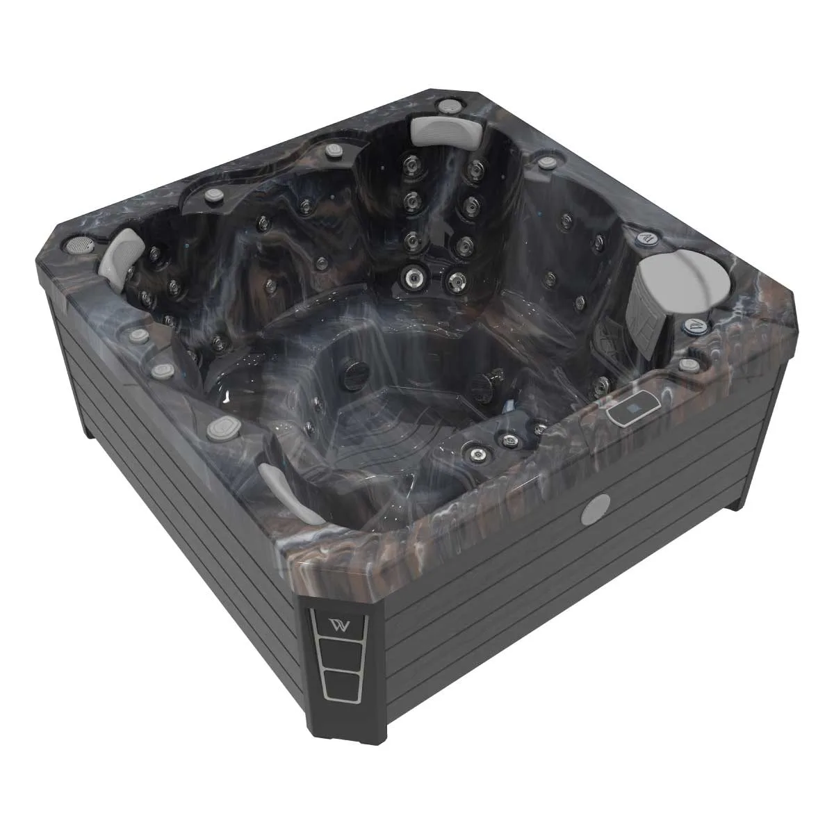Minipiscina jacuzzi 6 persoane, alb-lucios, 50 jeturi hidromasaj, scara inteligenta cu suport pentru pompa de caldura, 200 × 200 cm, WiFi, sistem audio, Wellis Prague CityLife Premium [15]