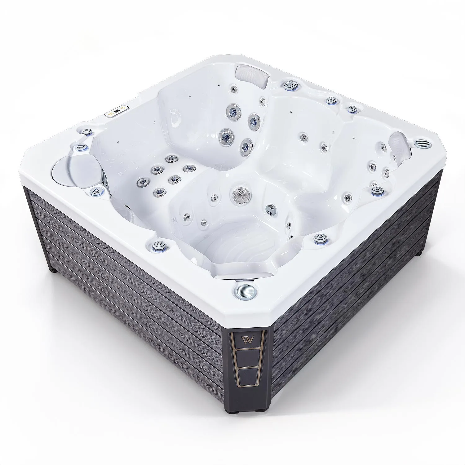 Minipiscina jacuzzi 6 persoane, alb-lucios, 50 jeturi hidromasaj, scara inteligenta cu suport pentru pompa de caldura, 200 × 200 cm, WiFi, sistem audio, Wellis Prague CityLife Premium [3]