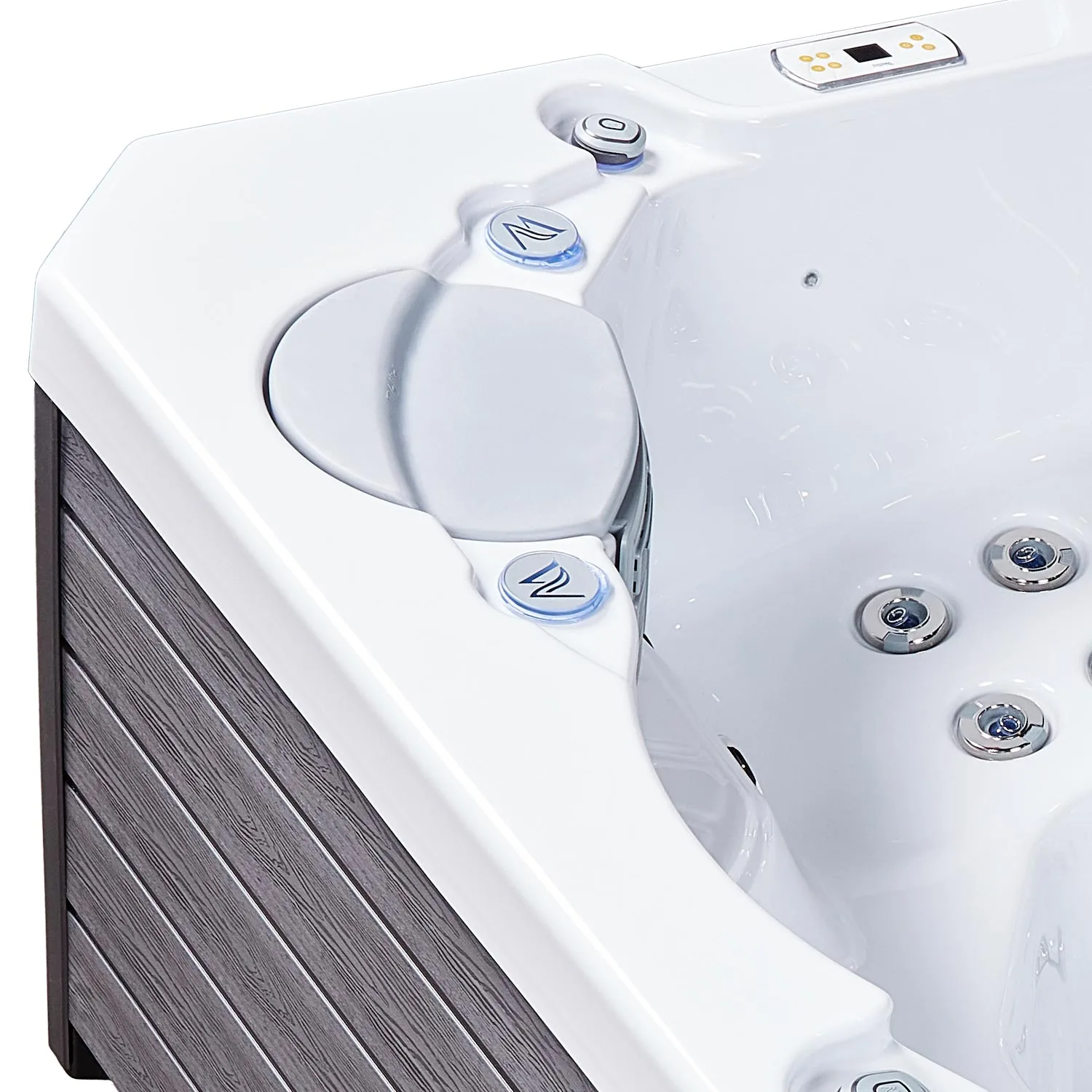 Minipiscina jacuzzi 6 persoane, alb-lucios, 50 jeturi hidromasaj, scara inteligenta cu suport pentru pompa de caldura, 200 × 200 cm, WiFi, sistem audio, Wellis Prague CityLife Premium [11]