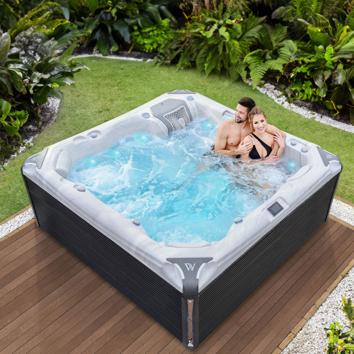Minipiscina jacuzzi, 6 persoane, ice white, 59 jeturi, 6 Infinity Jets pentru masaj, iluminare LED, Wellis Kilimanjaro Life Essential