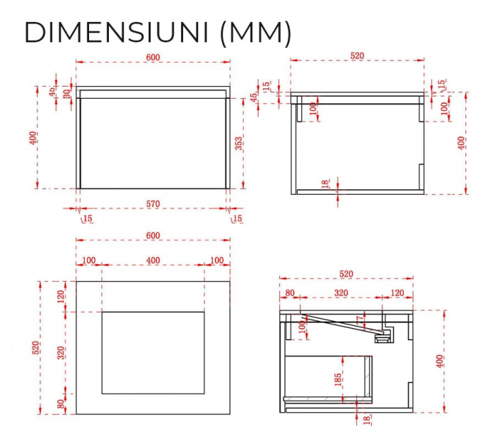 Mobilier baie suspendat gri inchis cu lavoar, 60x52 cm, cu iluminare LED, Elysium Blanca [5]