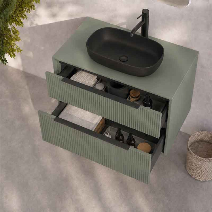 Mobilier baie suspendat pentru lavoar pe blat 80 cm, cu 2 sertare, front riflat, salvia cu manere negre, Fluminia Istria [2]