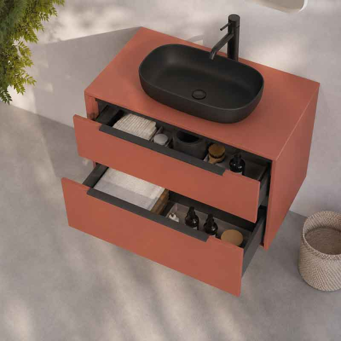 Mobilier baie suspendat pentru lavoar pe blat 80x46 cm, 2 sertare cu inchidere soft close, mattone, cu manere negre, Fluminia Istria [2]