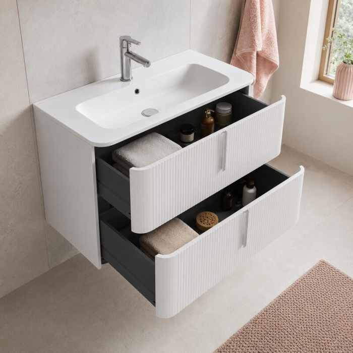 Mobilier suspendat pentru lavoar 100 × 46 cm, cu front riflat alb mat, Fluminia Pisa [3]