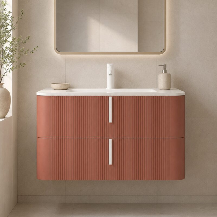 Mobilier suspendat pentru lavoar 100×46 cm, cu front riflat mattone cu manere alb mat, Fluminia Pisa [2]