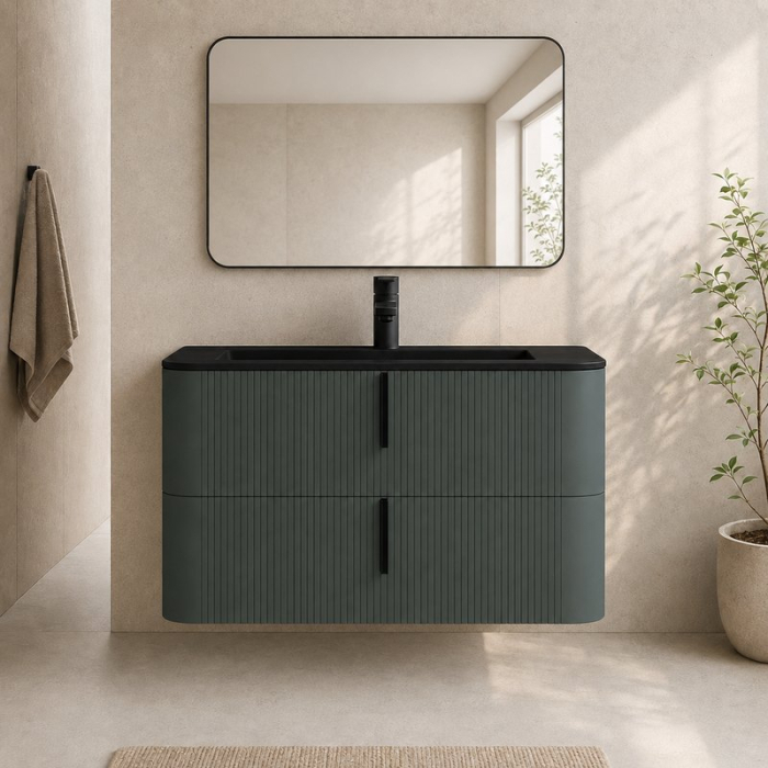 Mobilier suspendat pentru lavoar 100×46 cm, cu front riflat verde Italia cu manere negre, Fluminia Pisa [2]