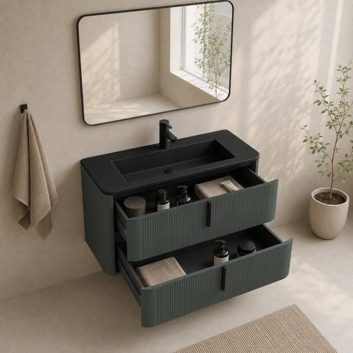 Mobilier suspendat pentru lavoar 100×46 cm, cu front riflat verde Italia cu manere negre, Fluminia Pisa [3]