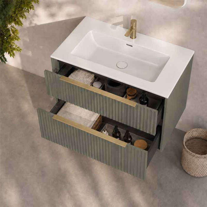 Mobilier suspendat pentru lavoar 80 cm cu front riflat, salvia, cu manere aurii, Fluminia Istria [3]