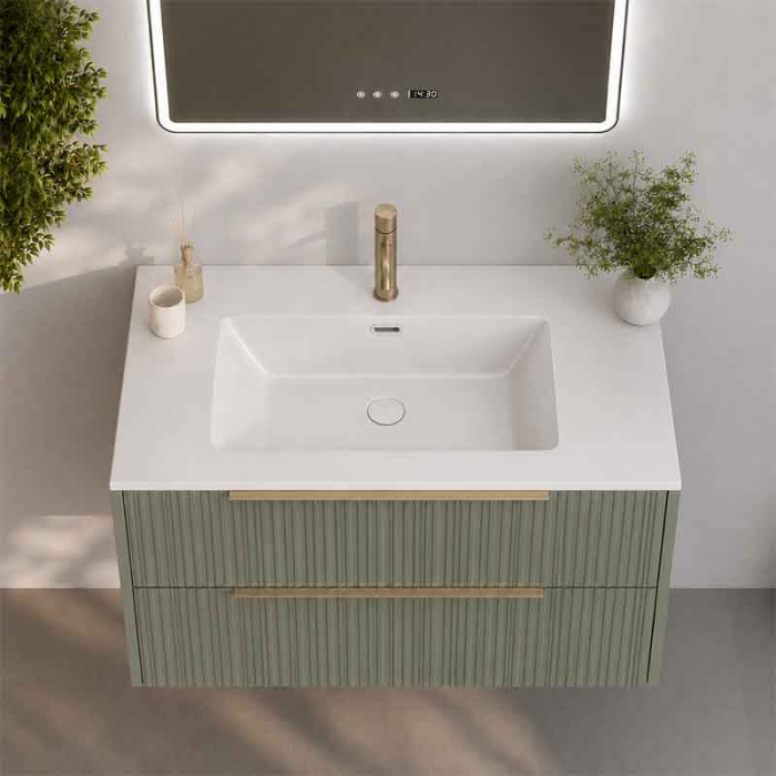 Mobilier suspendat pentru lavoar 80 cm cu front riflat, salvia, cu manere aurii, Fluminia Istria [2]