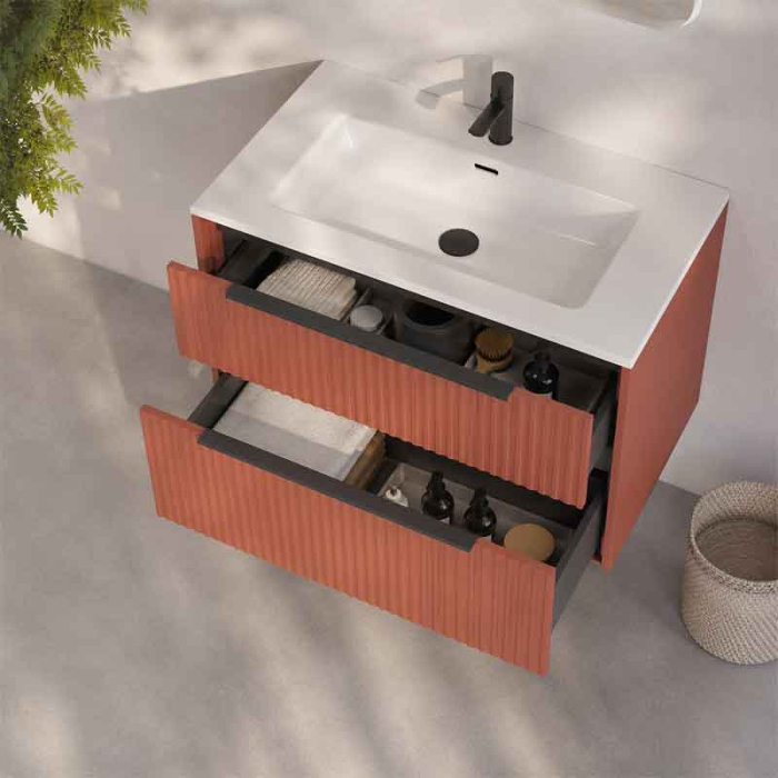Mobilier suspendat pentru lavoar 80 cm, mattone, front riflat, cu maner negru, Fluminia Istria [3]