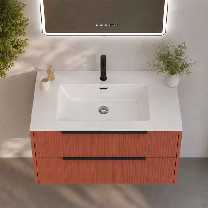 Mobilier suspendat pentru lavoar 80 cm, mattone, front riflat, cu maner negru, Fluminia Istria [4]