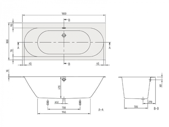 Cada baie dreptunghiulara incastrata, alba, compozit-quaryl, cu sifon si preaplin, Villeroy & Boch Oberon 2.0 [4]