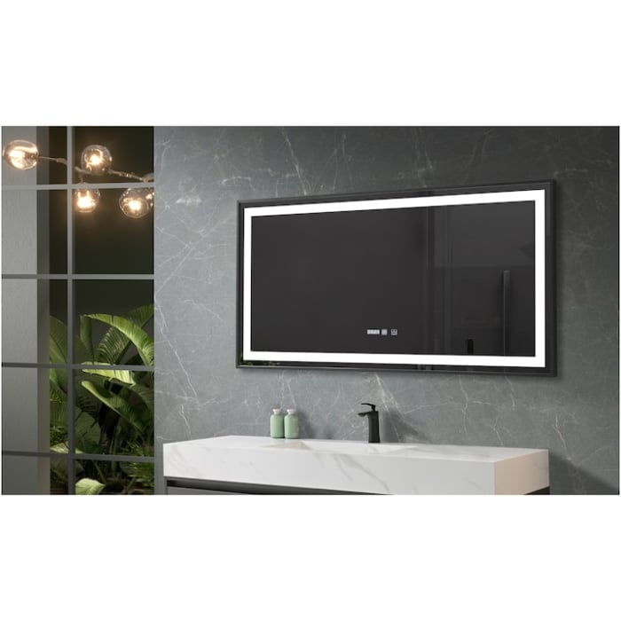 Oglinda baie cu iluminare LED 3 culori, intrerupator Touch, ceas, functie dezaburire, 120x60 cm, rama aluminiu neagra, Belform Infinity [2]