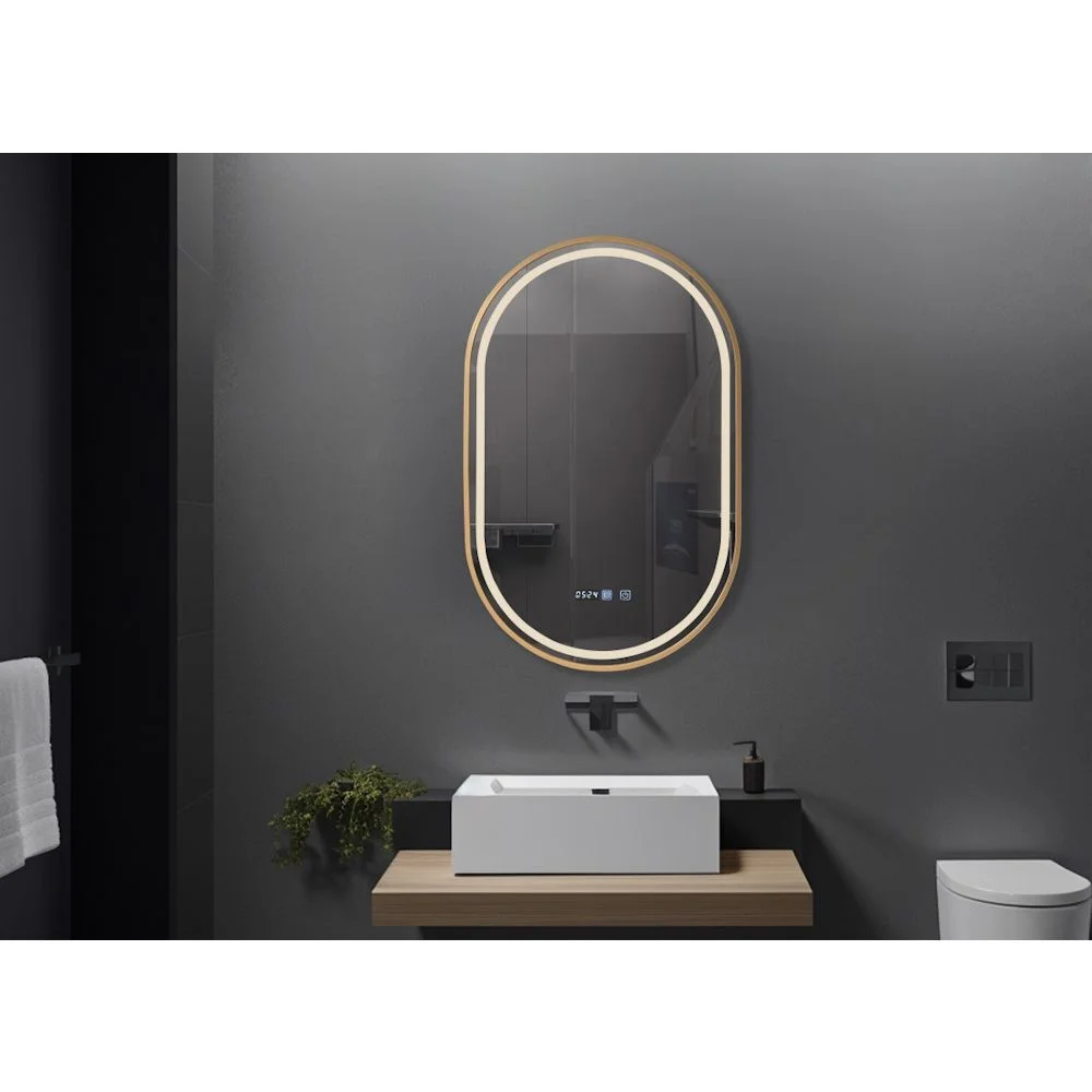 Oglinda baie cu iluminare LED si ceas 50x80 cm, rama aurie, Belform Fortuna [2]