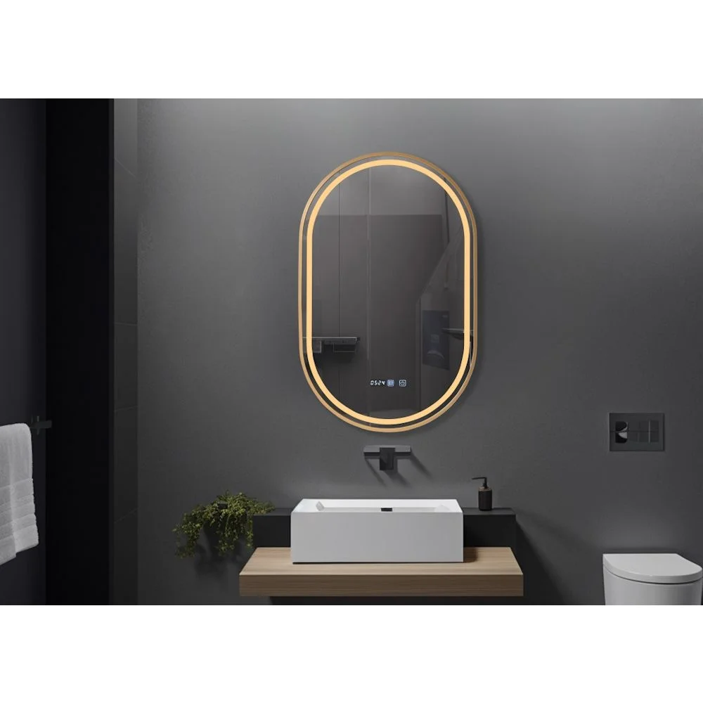 Oglinda baie cu iluminare LED si ceas 50x80 cm, rama aurie, Belform Fortuna [3]