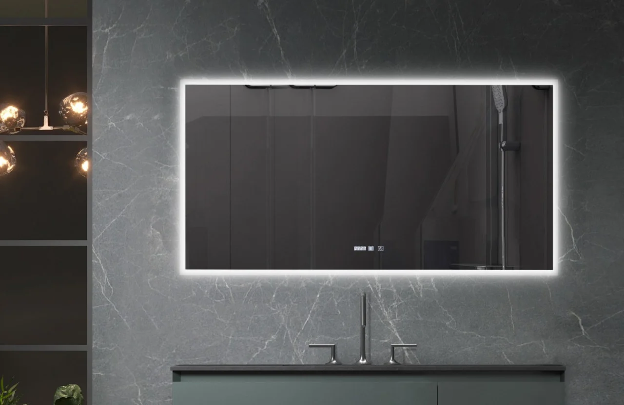 Oglinda LED baie, 120 80 cm, cu touch, dezaburire, ceas digital, Belform Atlantis