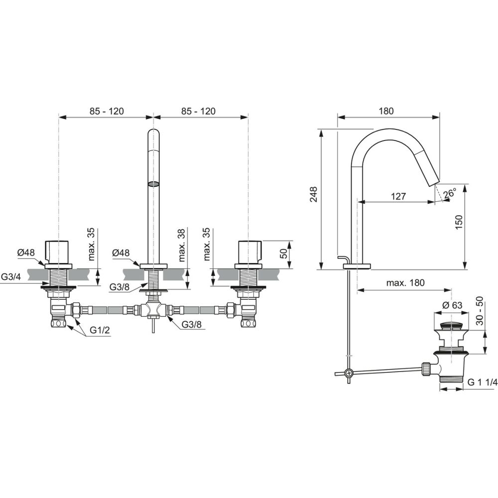 Baterie lavoar Ideal Standard Joy crom lucios, 3 elemente si ventil pop-up inclus [3]