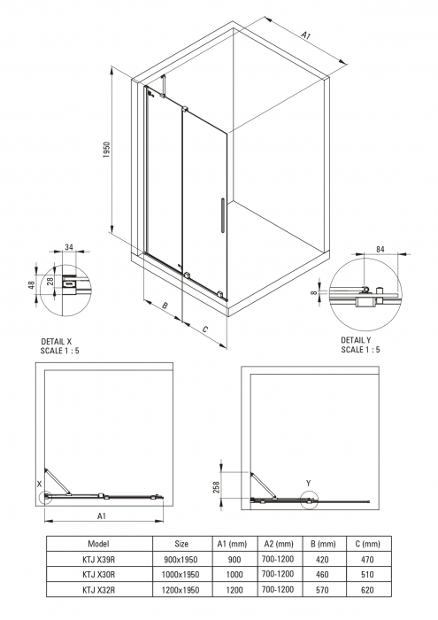 Paravan dus sticla securizata walk-in cu usa glisanta, 100x195 cm, negru mat, Deante Prizma [15]
