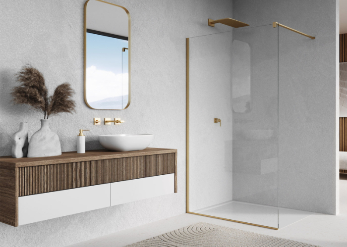 Paravan dus tip walk-in, Sanswiss Easy STR4P, sticla transparenta, profil auriu periat, 90 x 200 cm, sticla 8 mm, Ronal [2]