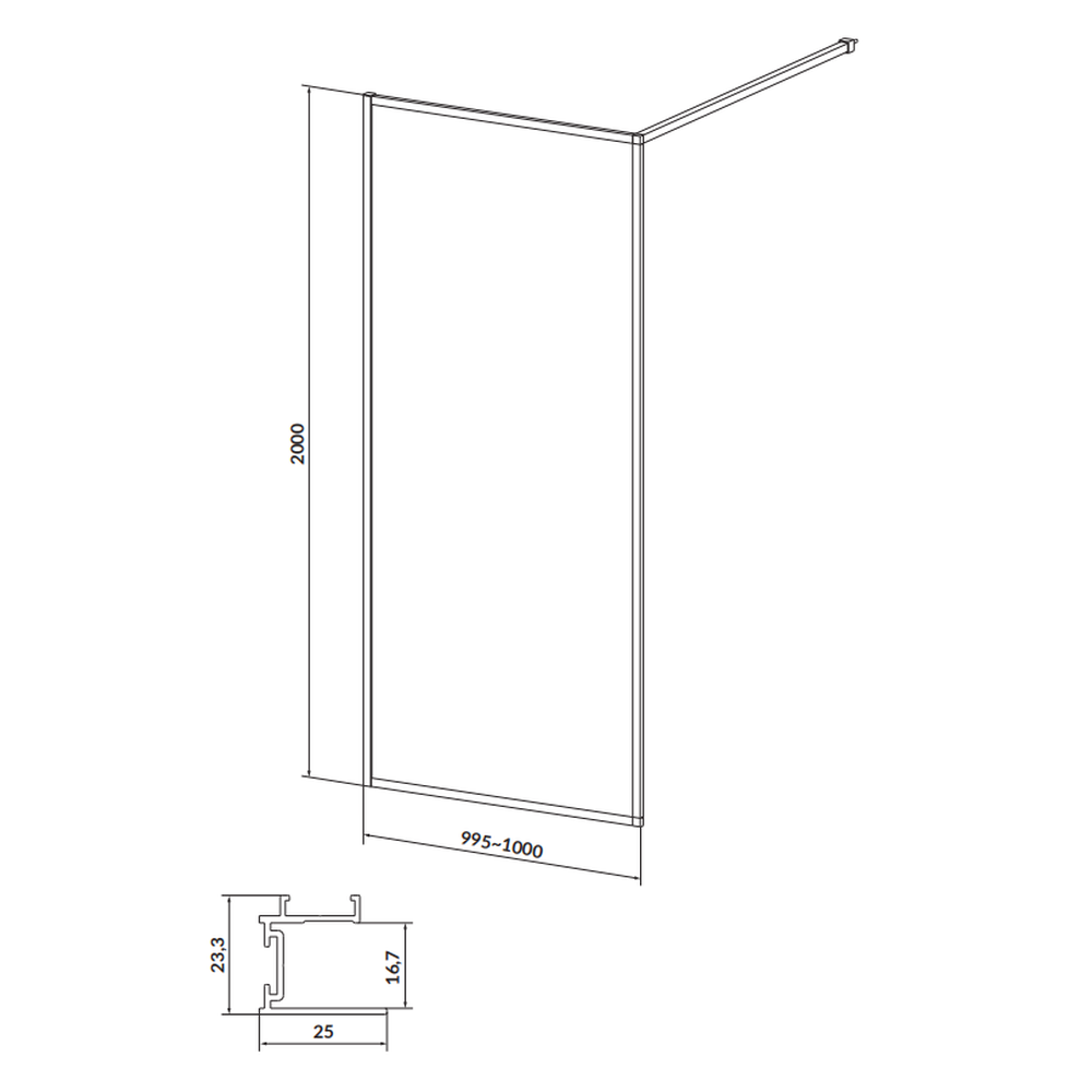Paravan dus walk-in 100x200 cm Cersanit Larga, sticla securizata, profil negru [2]