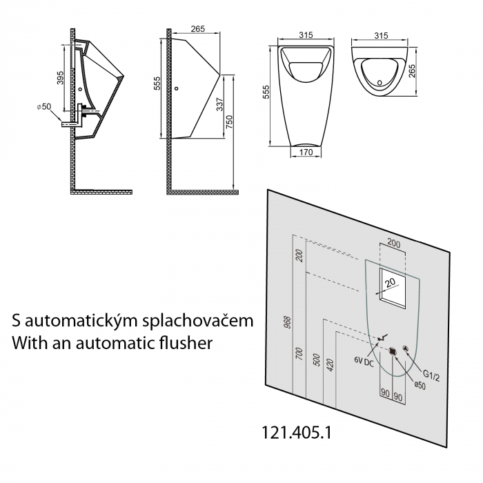 Pisoar alb cu alimentare din spate, senzor de spălare integrat automat, alimentare baterie 6V [4]