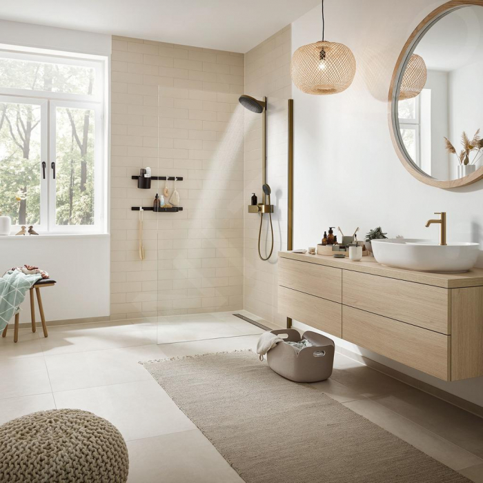 Set de dus cu baterie termostatata, palarie 26 cm, 3 jeturi, bronz periat, Hansgrohe Pulsify S [2]
