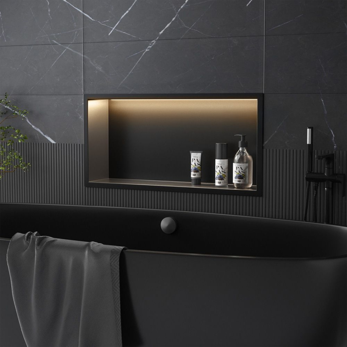 Raft baie incastrat in perete 30x60 cm, negru mat, cu LED, Rea [4]