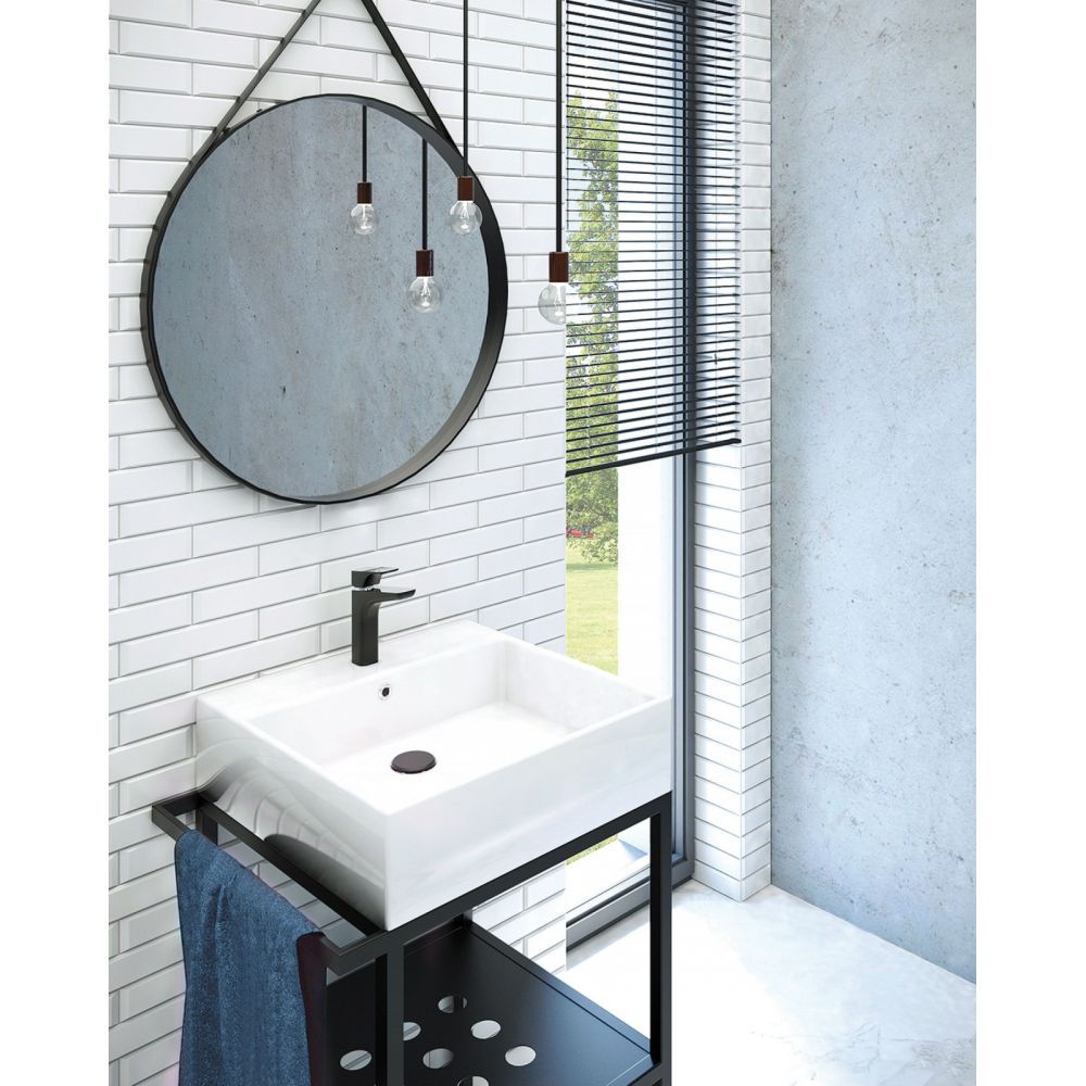 Lavoar pe blat alb lucios 60 cm, dreptunghiular, orificiu pentru baterie, Deante Temisto [2]