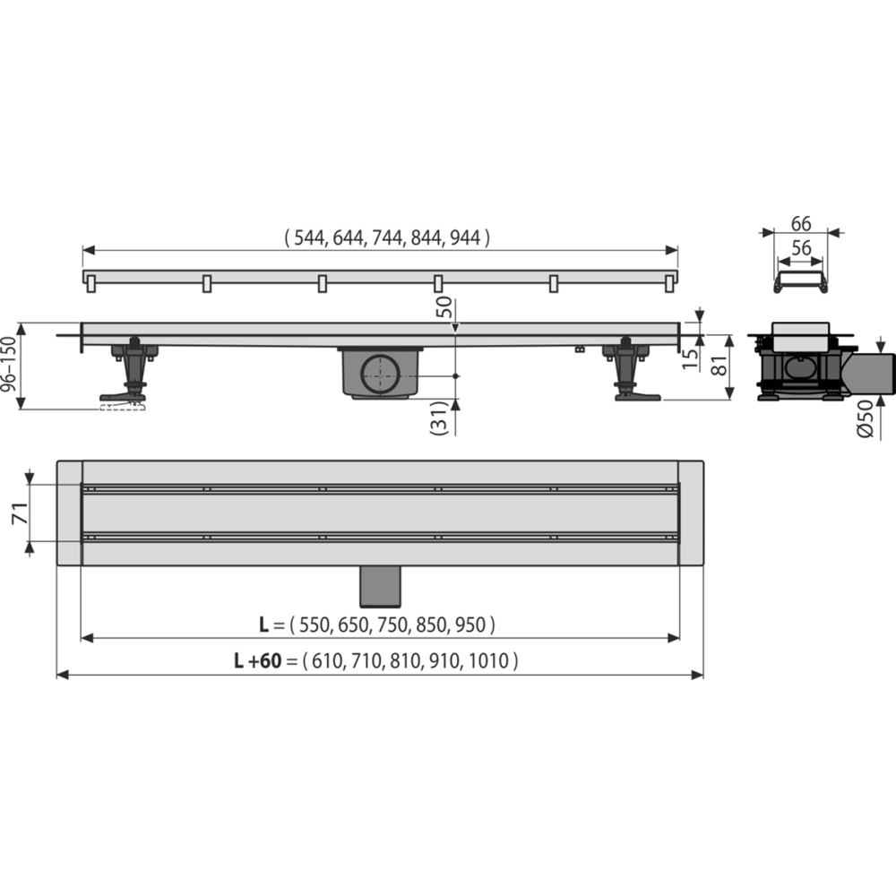 Rigola dus faiantabila cu capac doua fete si sifon iesire laterala 950 mm Alcadrain APZ13-DOUBLE9-950 [3]