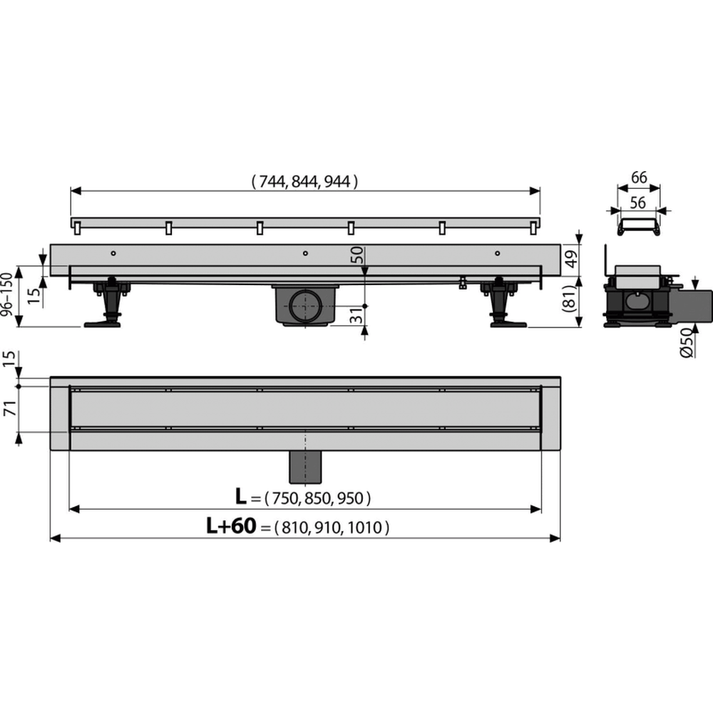 Rigola dus faiantabila cu capac doua fete si sifon iesire laterala 950 mm Alcadrain APZ23-DOUBLE9-950 [2]