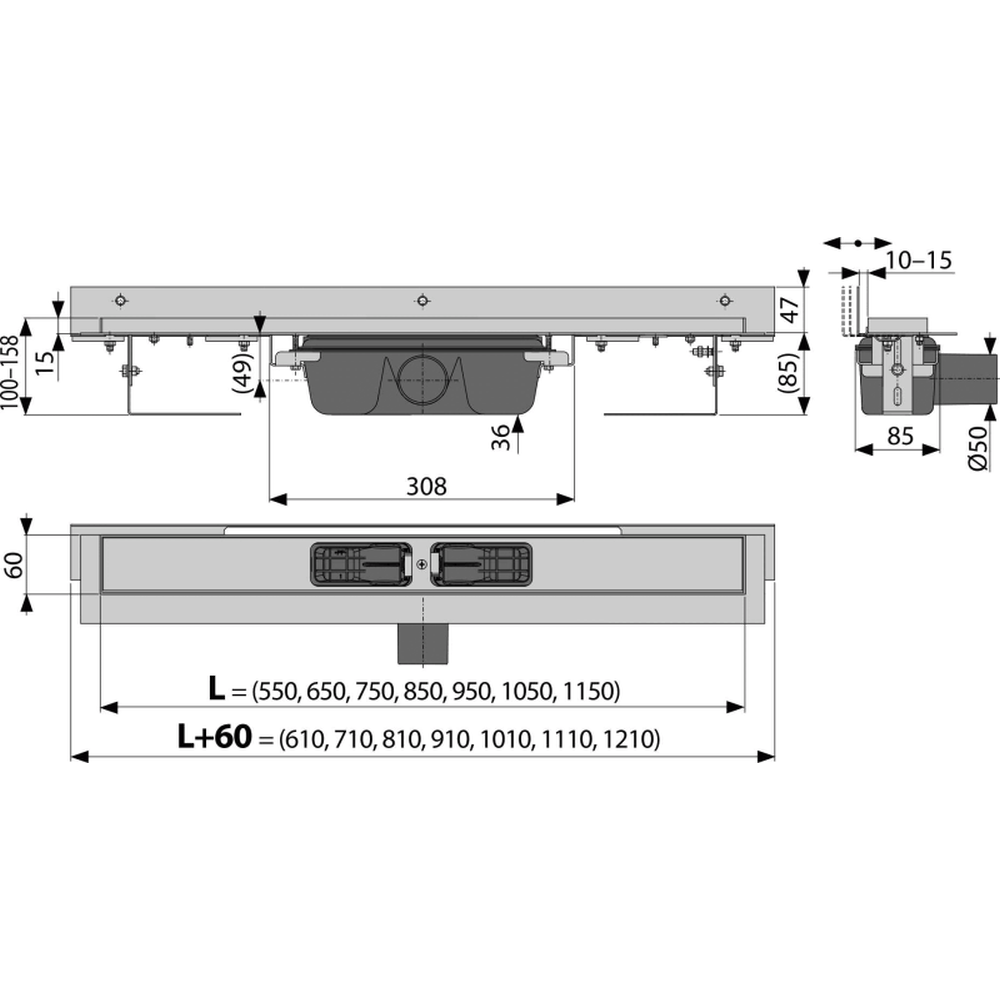 Rigola dus faiantabila cu margine ajustabila si iesire laterala 650 mm Alcadrain Flexible APZ4-650 [2]