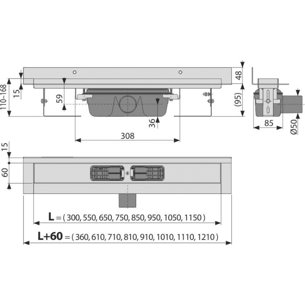 Rigola dus faiantabila iesire laterala 1150 mm Alcadrain APZ16-1150 [2]