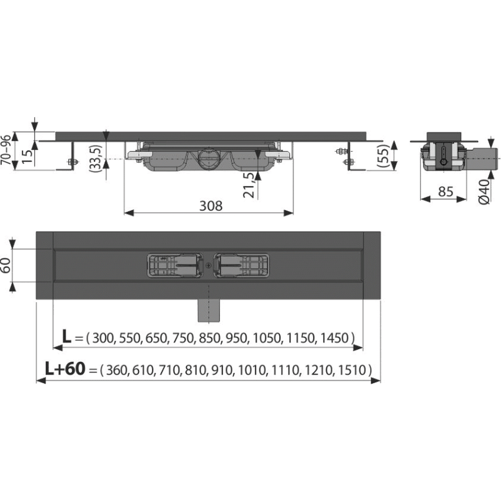 Rigola dus faiantabila neagra, iesire laterala 1450 mm Alcadrain APZ101BLACK-1450 [2]