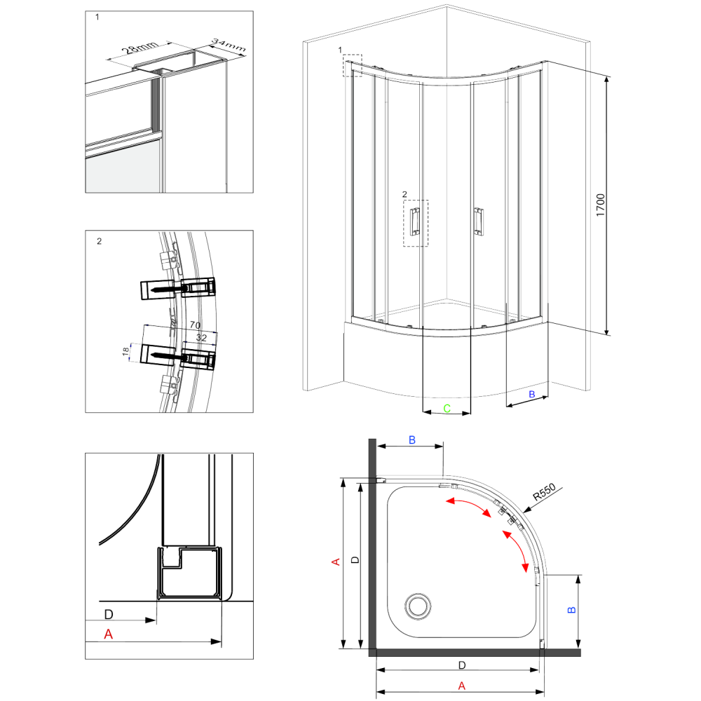 Set cabina dus semirotunda 90x90 cm cu 2 usi culisante, Deante Funkia plus coloana de dus crom lucios [4]