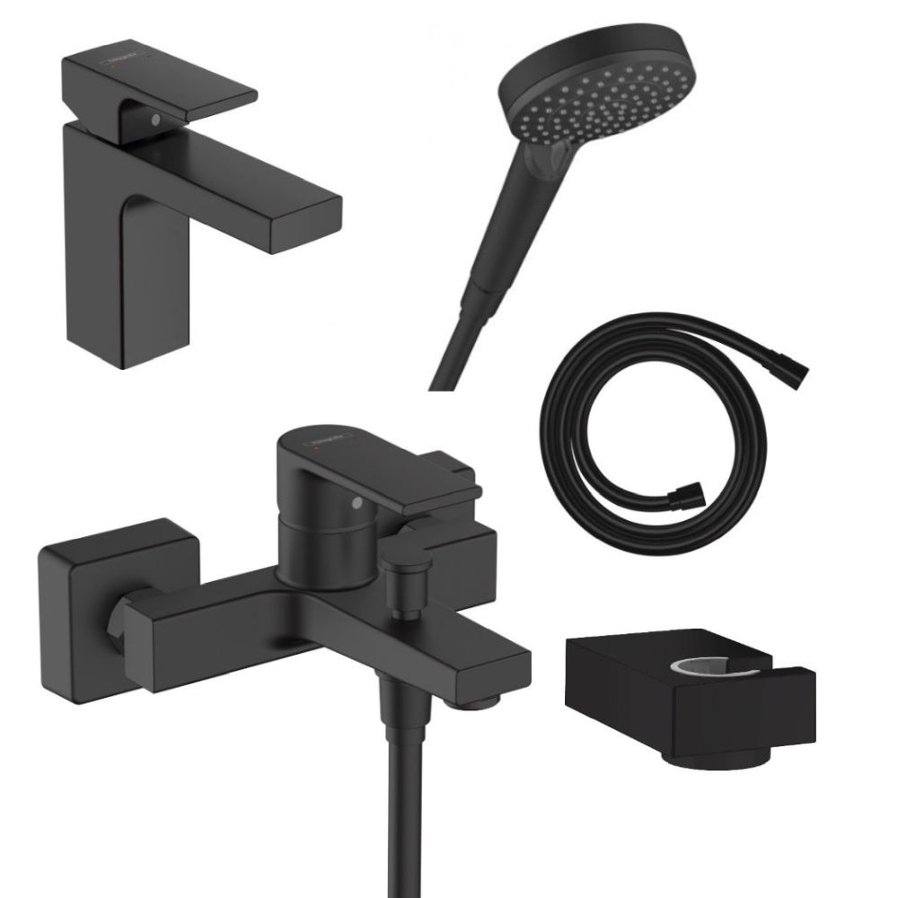 Set baterie lavoar, baterie cada si set de dus, negru mat, Hansgrohe Vernis Shape