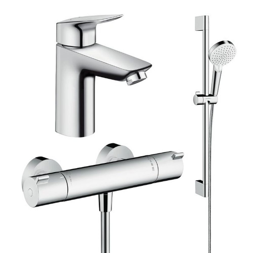 Set baterie lavoar, baterie dus termostatata si set dus, crom, Hansgrohe Ecostat Termostatic